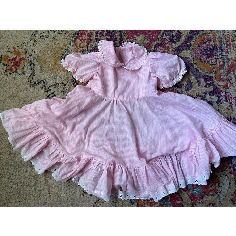 : Vintage Cottagecore Pink Gingham Children's Dress with Eyelet Trim & Puff Slee
